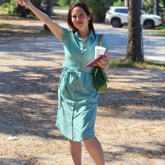 J. Crew Factory Women's Green Striped Midi Shirt Dress Sz 2 - Picture 5 of 5